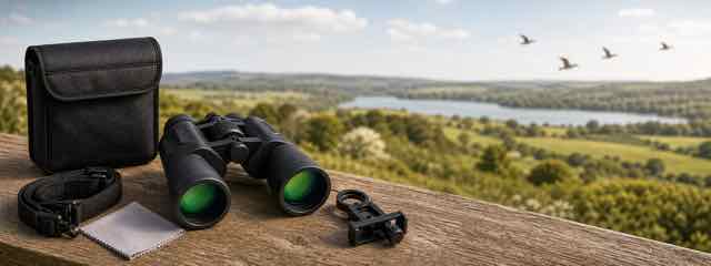 Black 12x50 binoculars with carrying case, neck strap and lens cloth on a wooden ledge overlooking a countryside lake and fields, with birds flying in the distance.