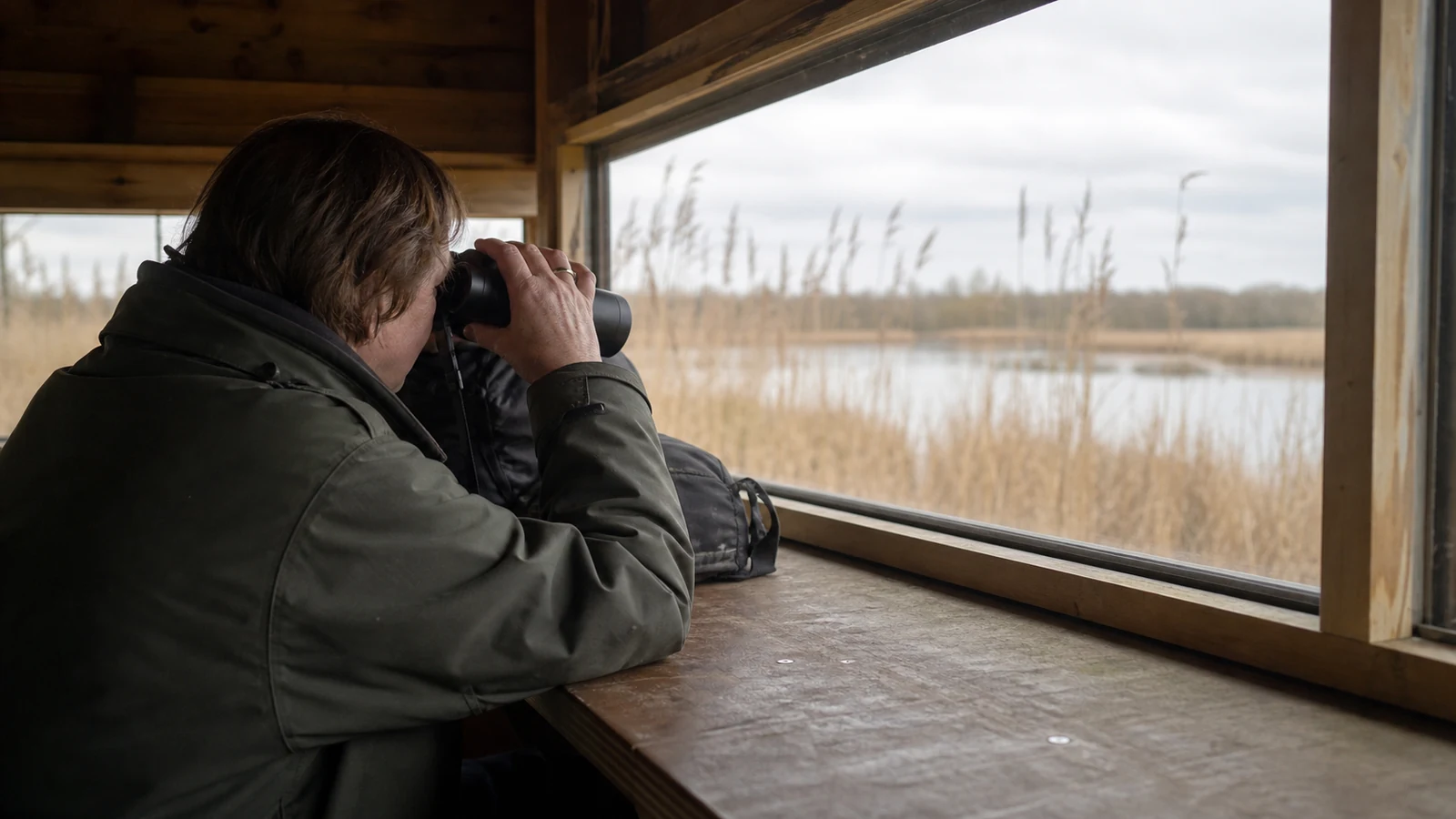 Birder in a wooden UK hide using full-size binoculars braced on the viewing shelf