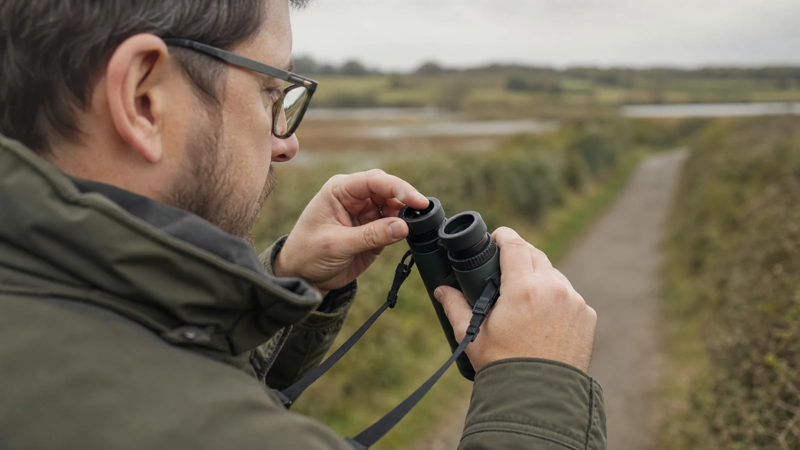 Glasses wearer adjusting binocular eyecups before birdwatching