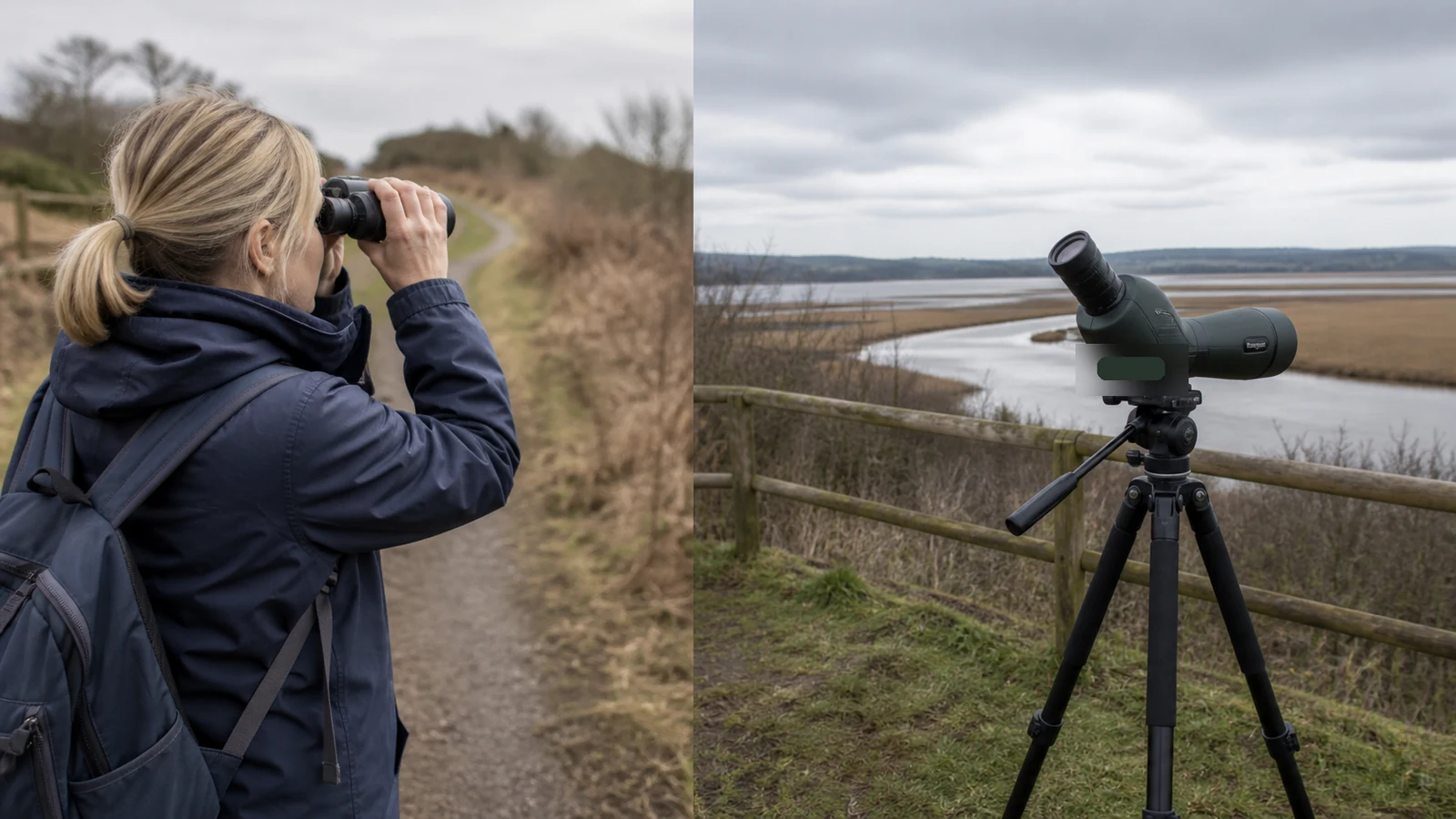 Comparison scene of binoculars for walking birding and a spotting scope for distant estuary views