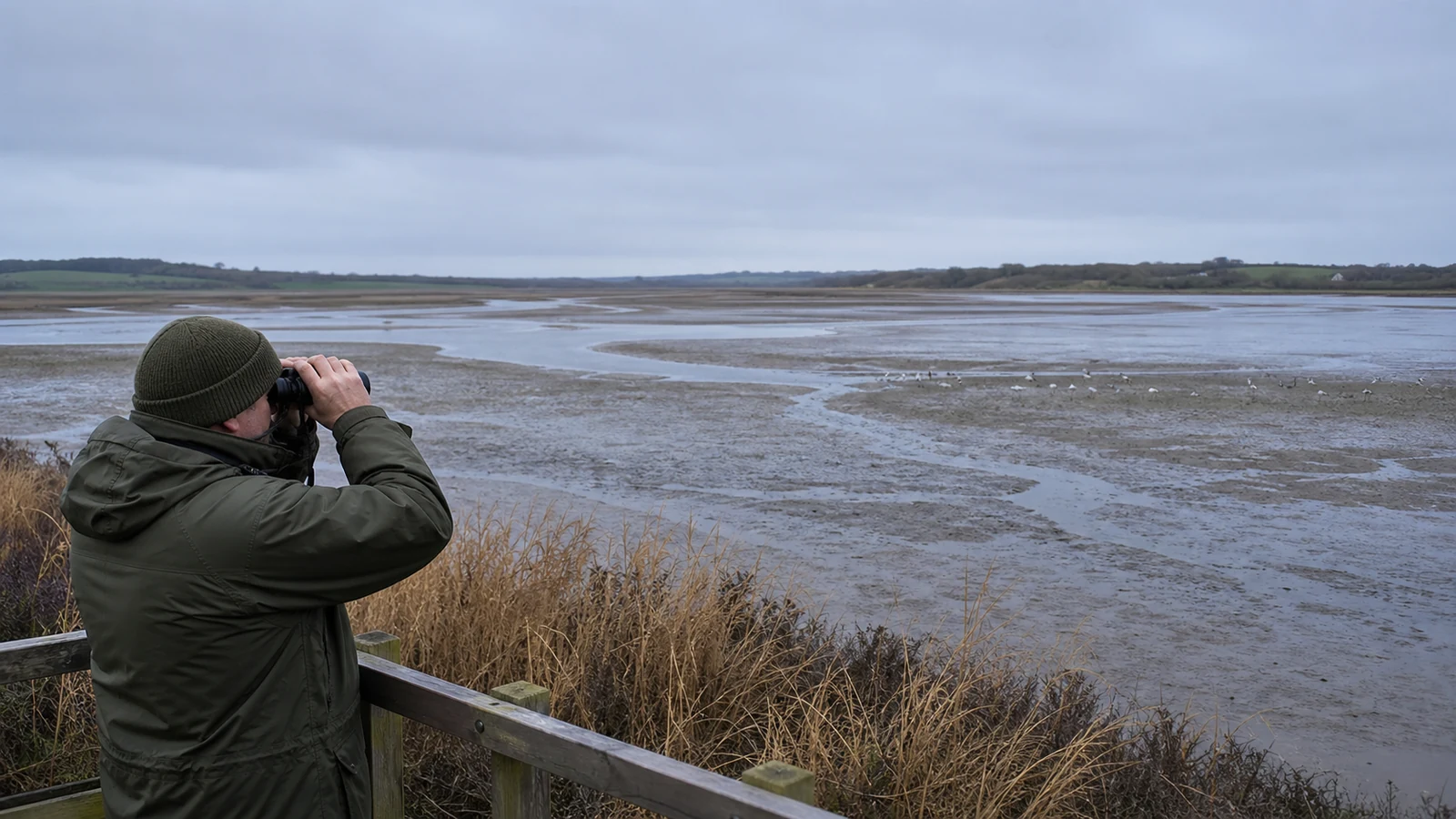 Birdwatcher scanning a UK estuary mudflat with full-size binoculars